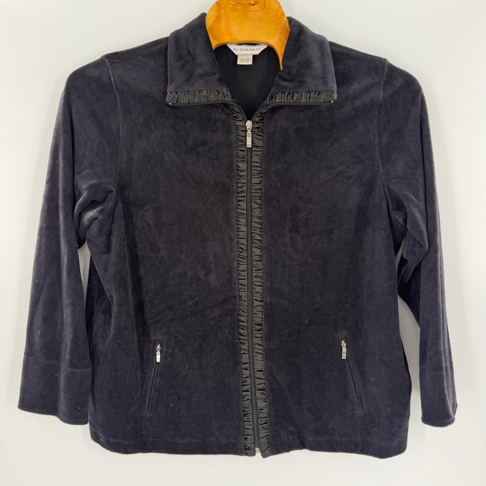 Allison Daley Womens Black Velour Rib Ruffle Trim Full Zip Jacket XL